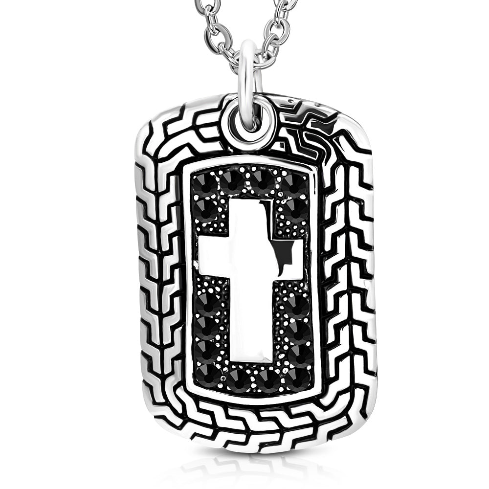 Stainless Steel Black CZ Cross Dog Tag Mens Pendant Necklace