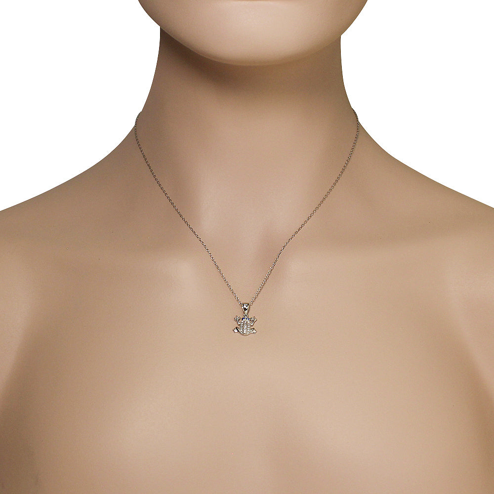 925 Sterling Silver White Clear Blue CZ Frog Pendant Necklace