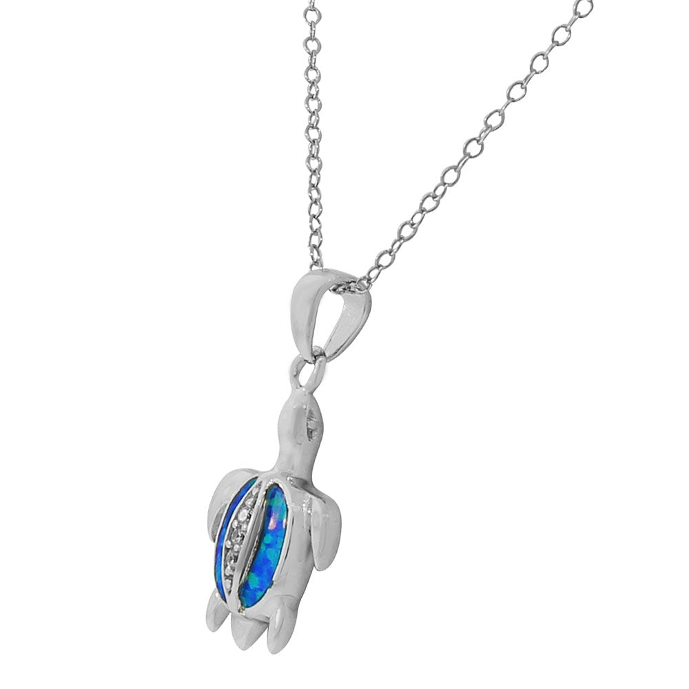 925 Sterling Silver White CZ Blue Turquoise-Tone Simulated Opal Turtle Pendant Necklace