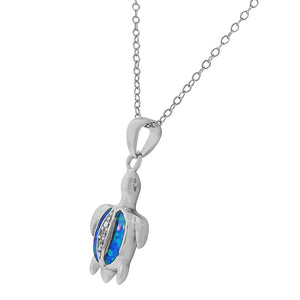 925 Sterling Silver White CZ Blue Turquoise-Tone Simulated Opal Turtle Pendant Necklace