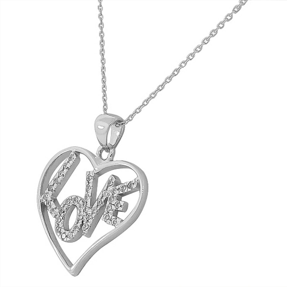 Sterling Silver Love Heart White CZ Large Pendant Necklace