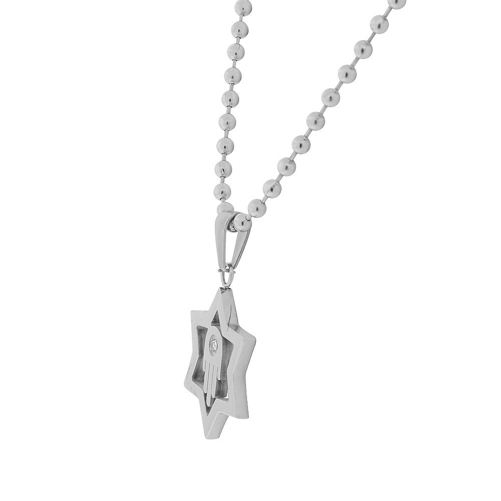 Stainless Steel Silver-Tone White CZ Jewish Star of David Hamsa Pendant Necklace