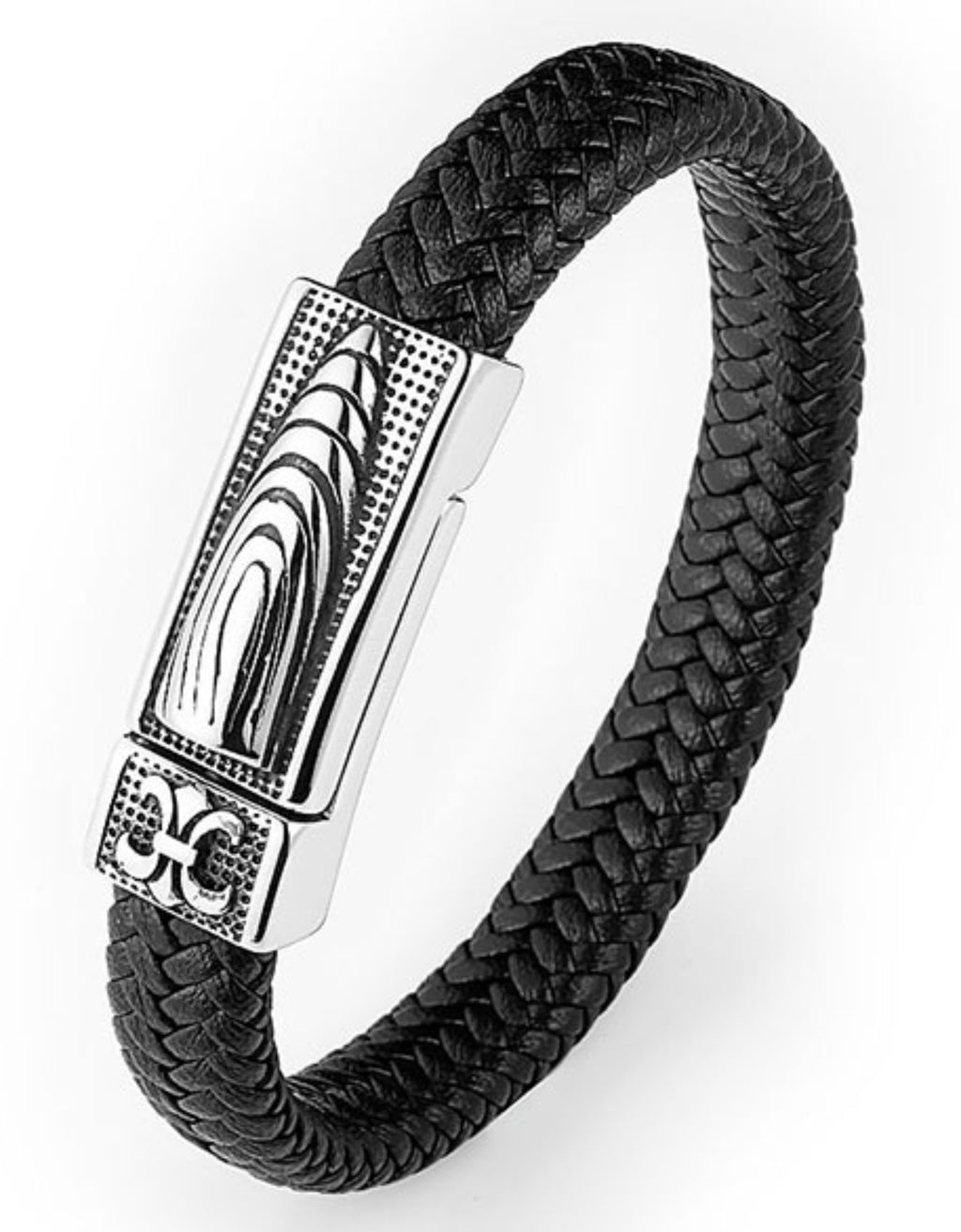 My Daily Styles Mens Black Genuine Braided Leather Bracelet with Stainless Steel Gothic Magnetic Lock 8.5"
