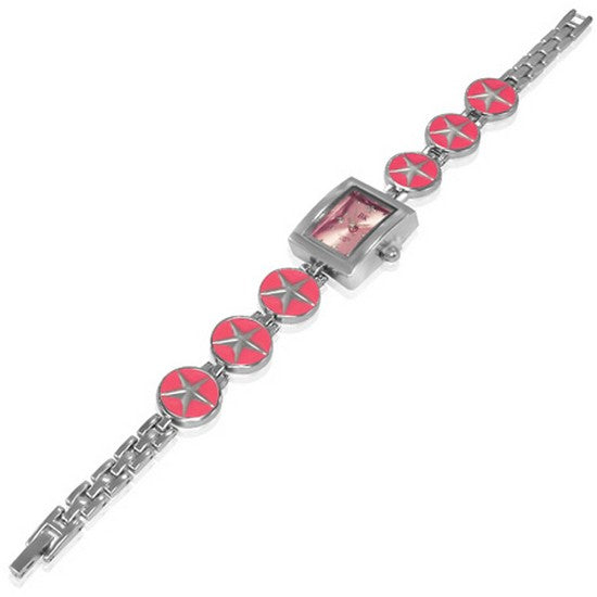 Fashion Alloy Silver-Tone Pink Square Dial Womens Bracelet Watch