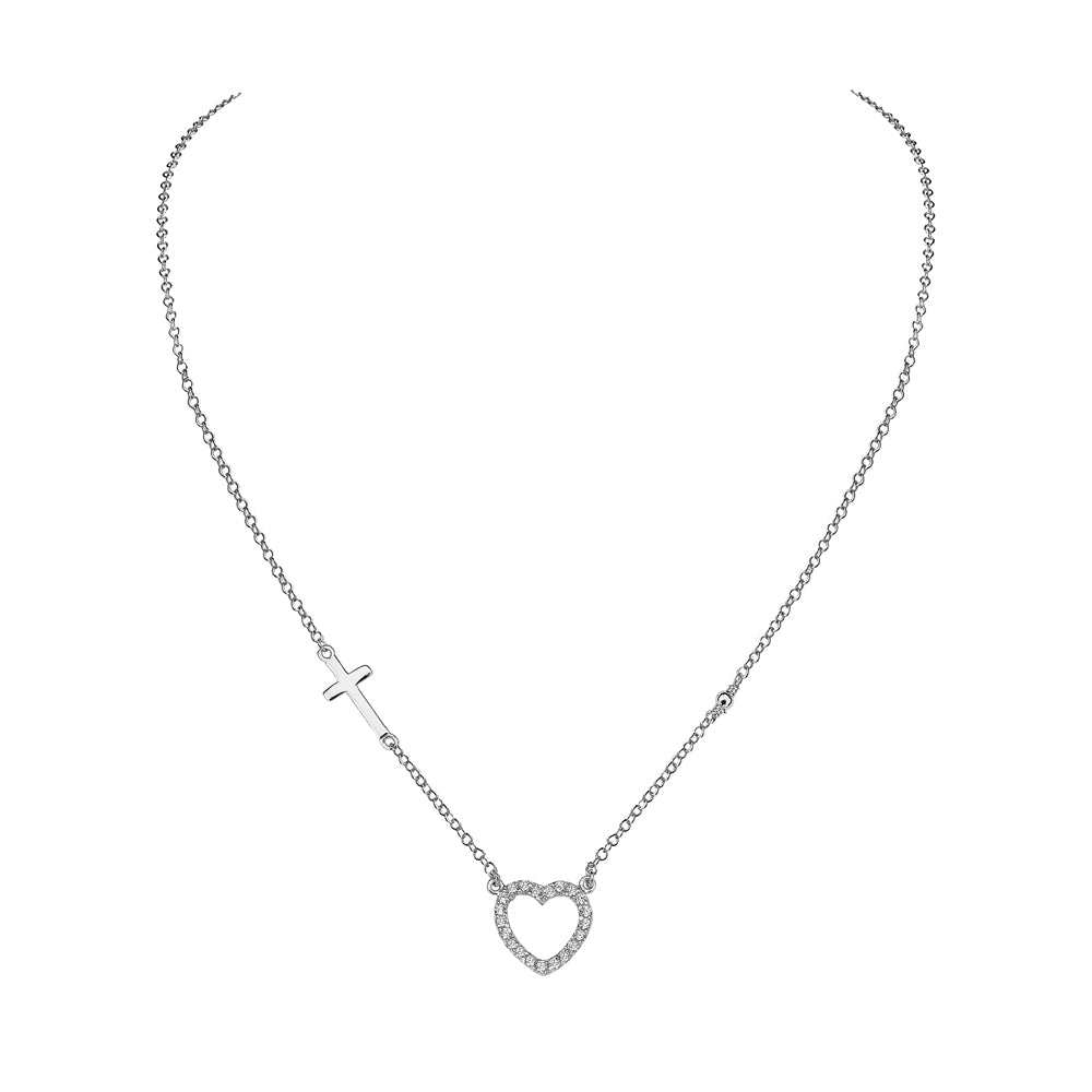 925 Sterling Silver Love Heart Cross Charm White Pendant Necklace