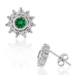 925 Sterling Silver Green CZ Womens Flower Floral Design Stud Earrings