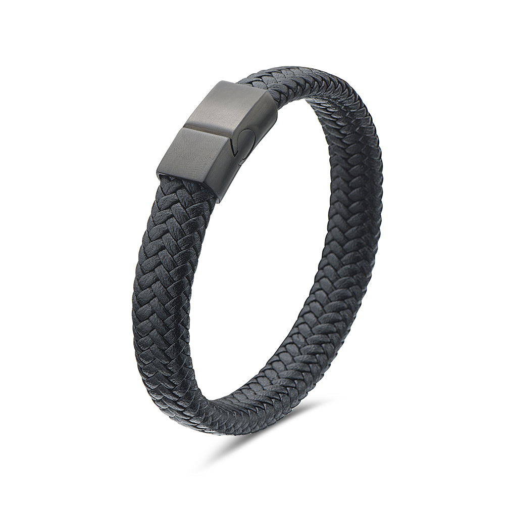 My Daily Styles Mens Black Genuine Leather Bracelet with Stainless Steel Magnetic Lock 8"