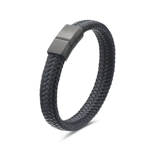 My Daily Styles Mens Black Genuine Leather Bracelet with Stainless Steel Magnetic Lock 8"