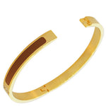 Stainless Steel Yellow Gold-Tone Brown Enamel White CZ Oval-Shape Bangle Bracelet
