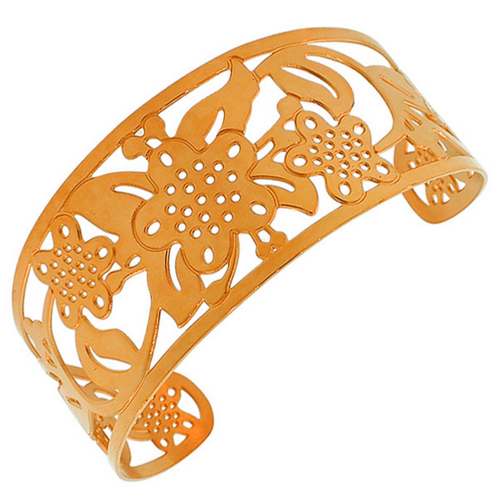 Stainless Steel Rose Gold-Tone Cut-Out Floral Design Wide Open End Cuff Bangle Bracelet