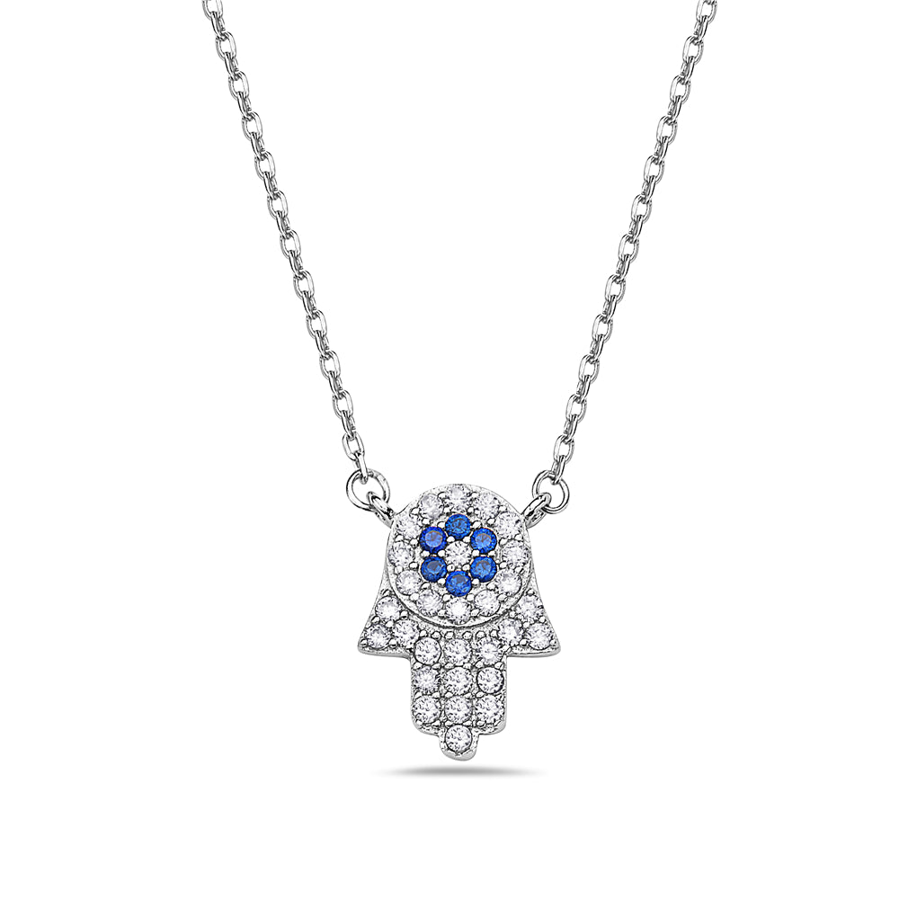 925 Sterling Silver White Blue CZ Hamsa Good Luck Pendant Necklace