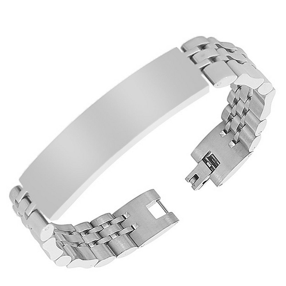 Stainless Steel Silver-Tone Name Tag Men's Link Chain Bracelet