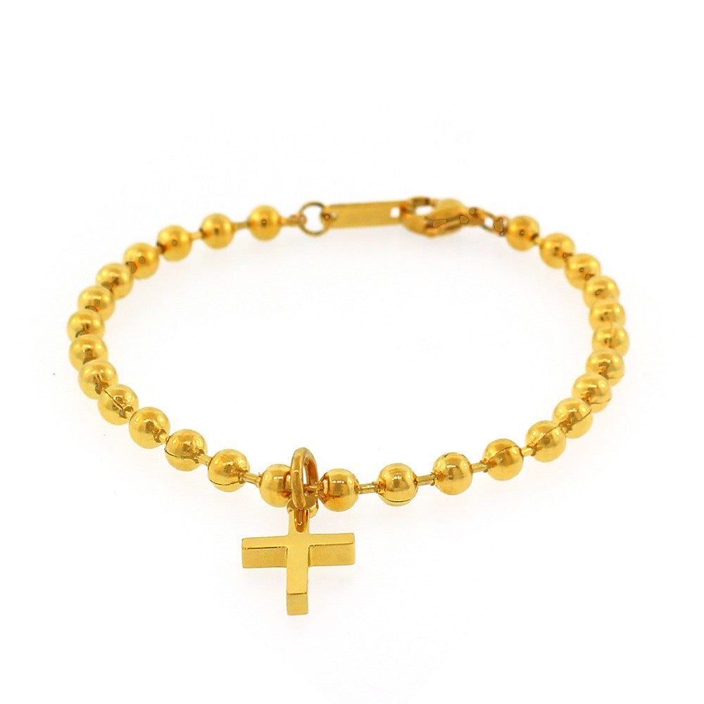 Stainless Steel Yellow Gold-Tone Ball Chain Religious Cross Bracelet