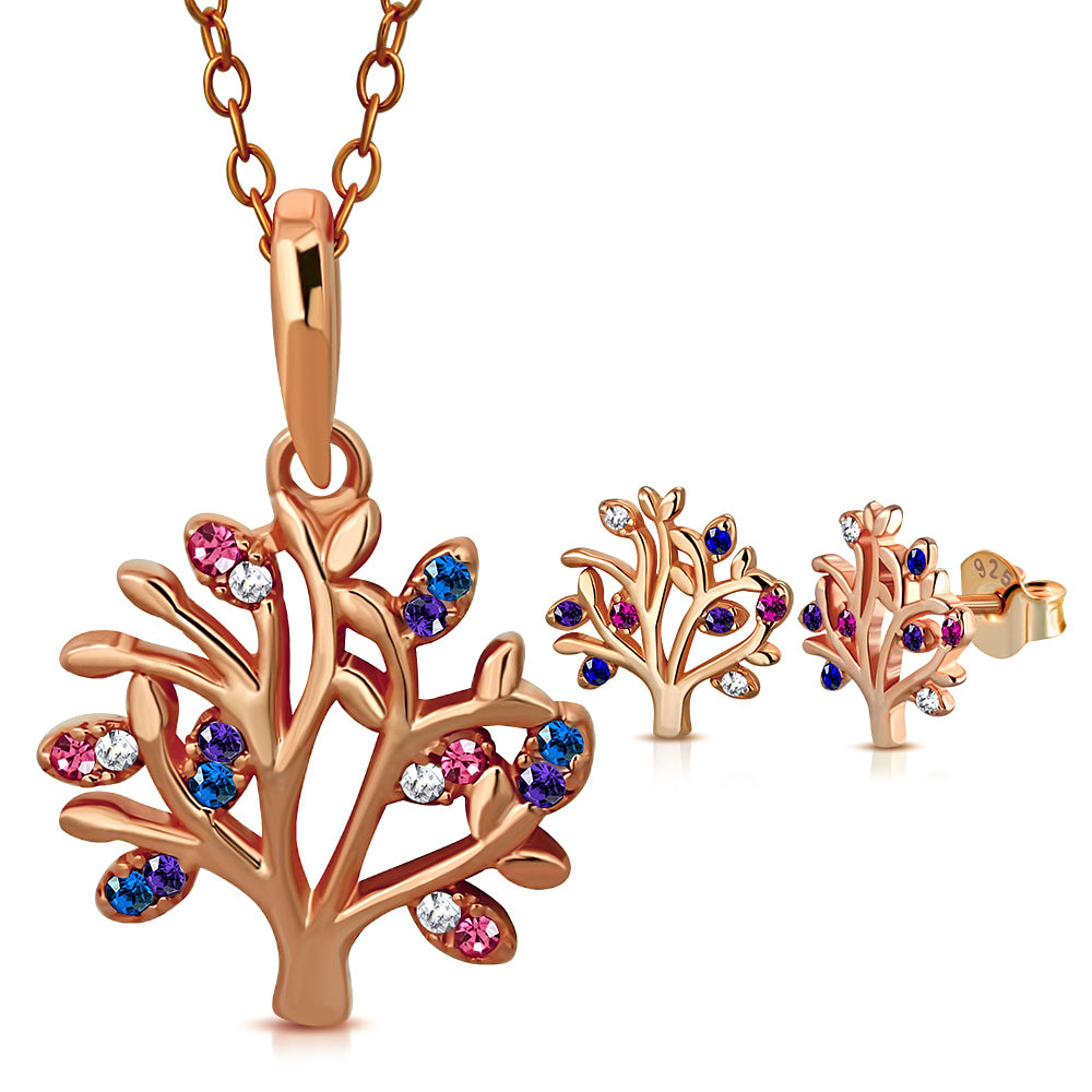 925 Sterling Silver CZ Tree of Life Necklace Earrings Set
