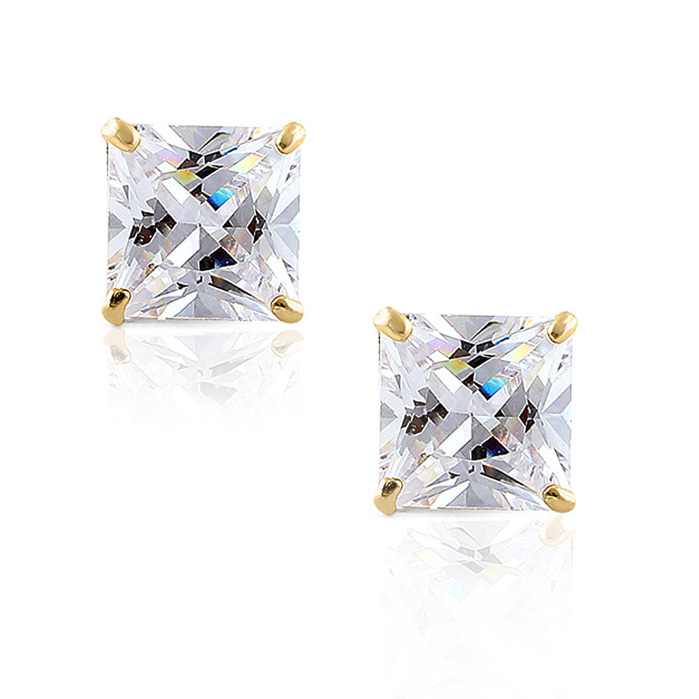 14K Yellow Gold Square Princess Clear CZ Classic Stud Earrings, 6 MM