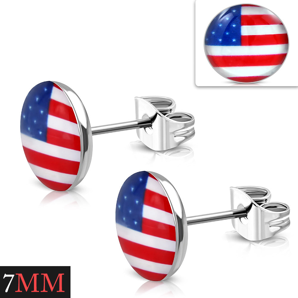 Stainless Steel Silver-Tone USA American Flag Partiotic Stud Earrings