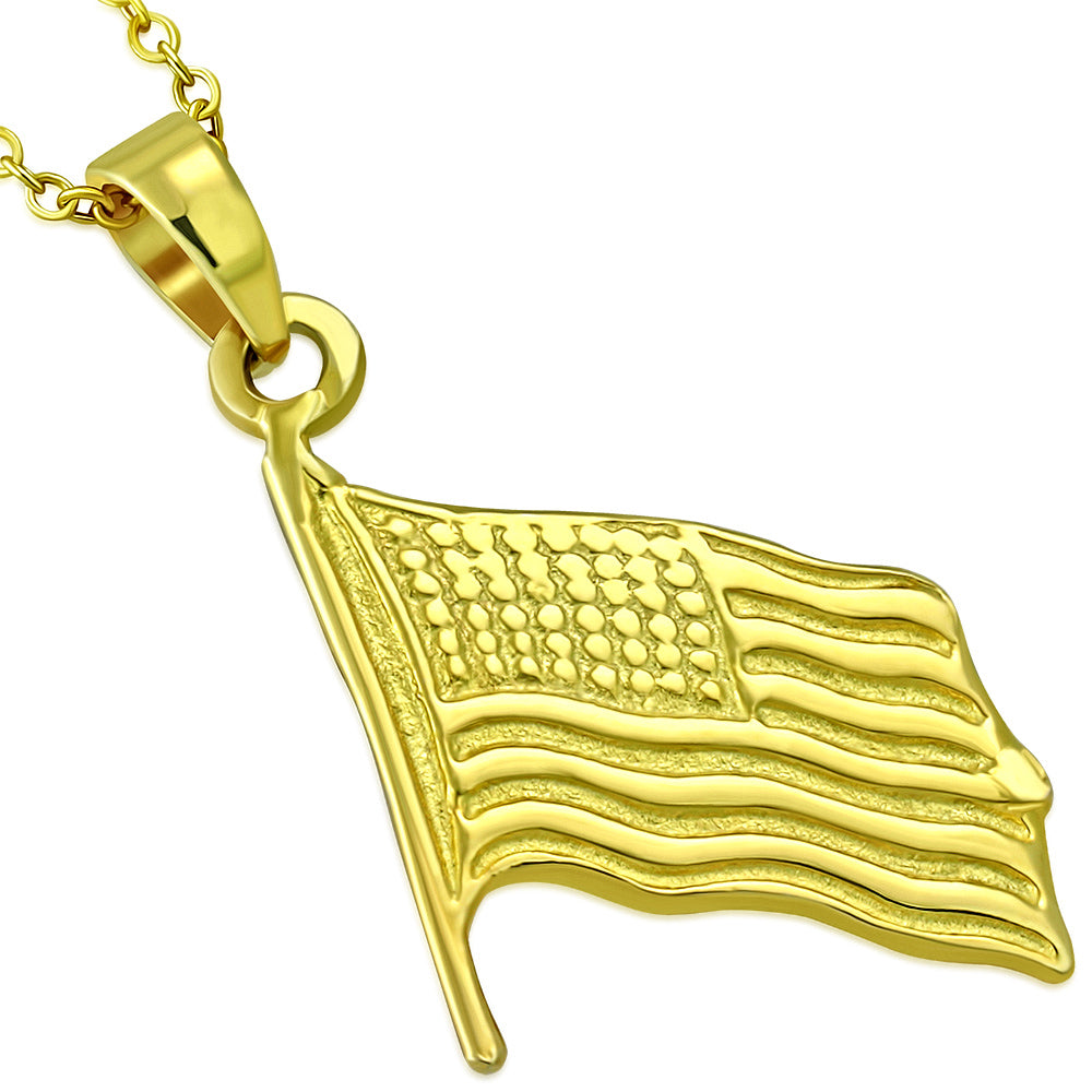 925 Sterling Silver Yellow Gold-Tone American Flag Patriotic Pendant Necklace