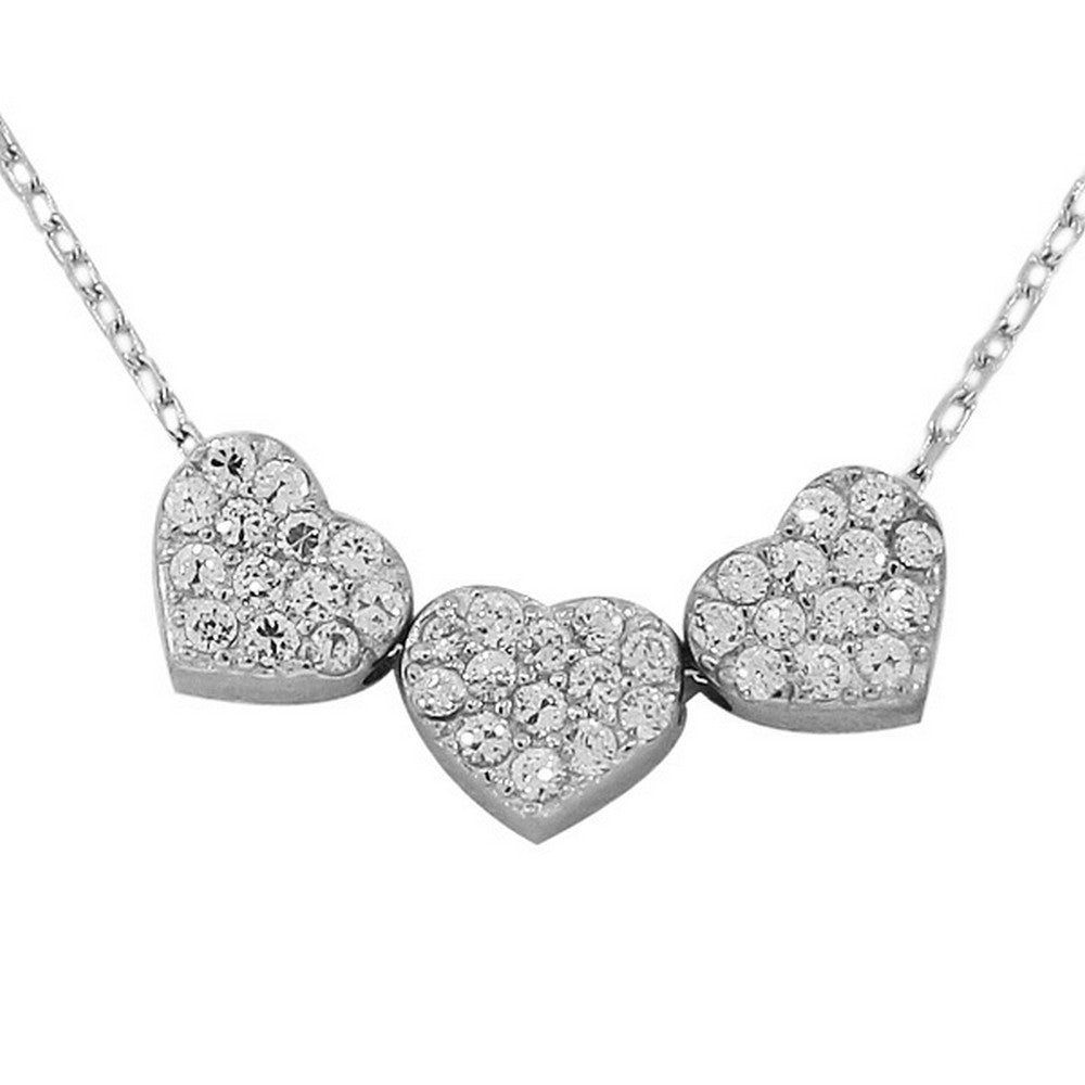 Sterling Silver Triple Love Heart Charm White CZ Pendant Necklace