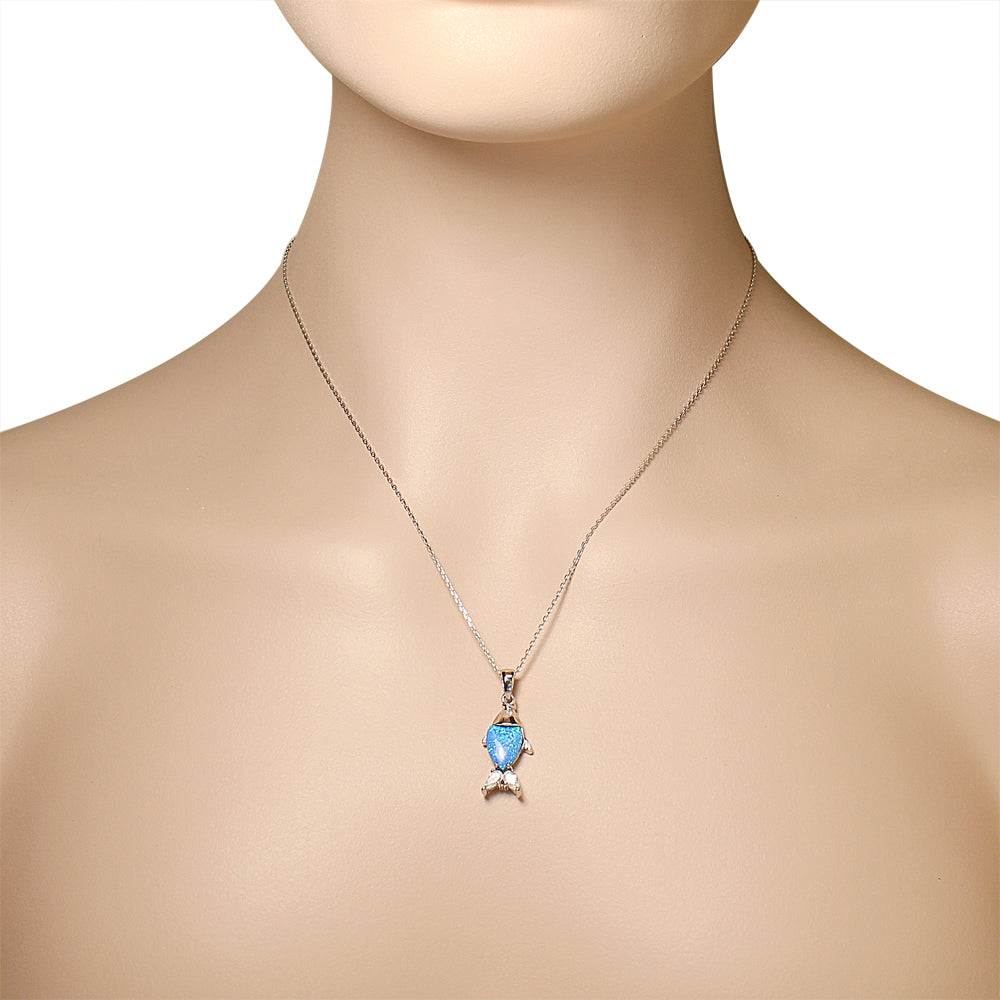 925 Sterling Silver CZ Blue Turquoise-Tone Fish Marine Simulated Opal Pendant Necklace