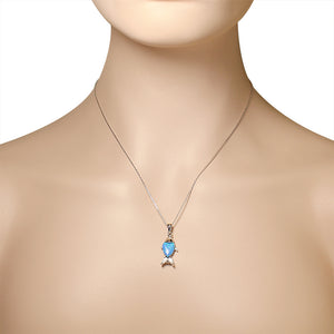 925 Sterling Silver CZ Blue Turquoise-Tone Fish Marine Simulated Opal Pendant Necklace
