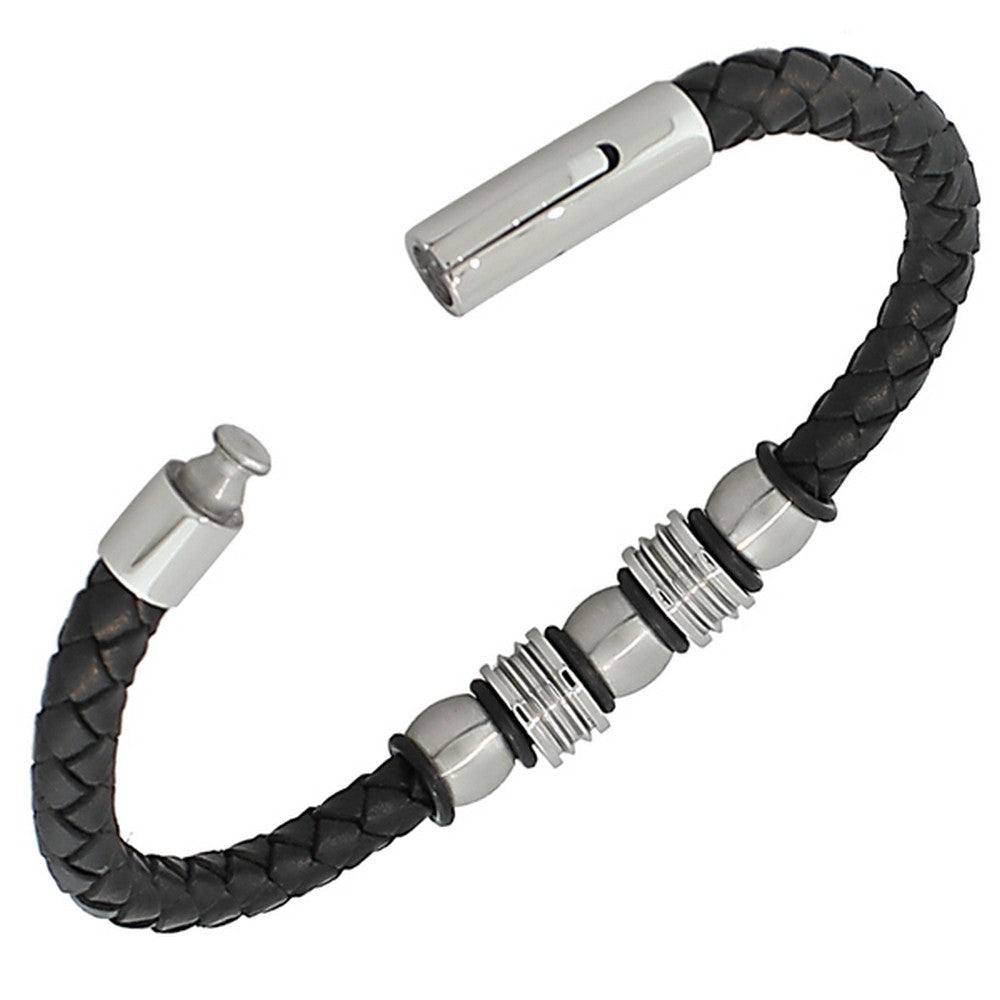 Stainless Steel Black Faux PU Leather Silver-Tone Men's Bracelet