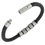 Stainless Steel Black Faux PU Leather Silver-Tone Men's Bracelet