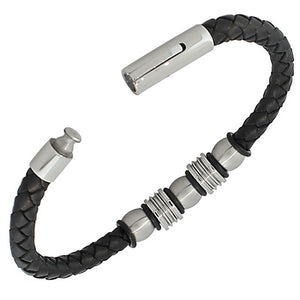 Stainless Steel Black Faux PU Leather Silver-Tone Men's Bracelet