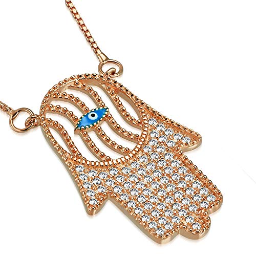 925 Sterling Silver White Clear CZ Evil Eye Protection Hamsa Pendant Necklace, 18"