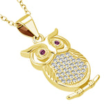 925 Sterling Silver White Clear Pink CZ Owl Pendant Necklace