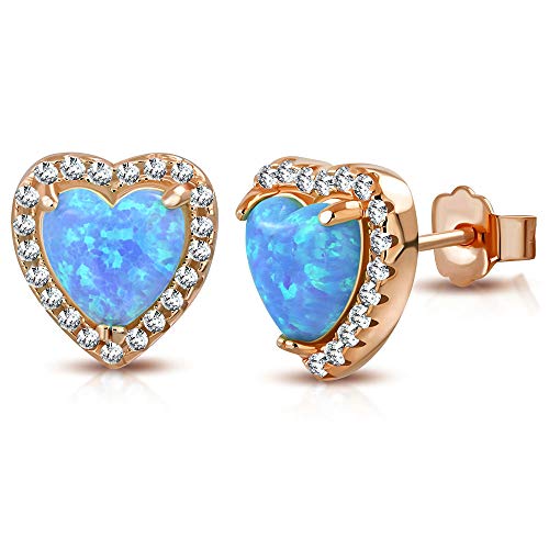 925 Sterling Silver Rose Gold-Tone Clear CZ Simulated Blue Opal Love Heart Stud Earrings, 0.40"