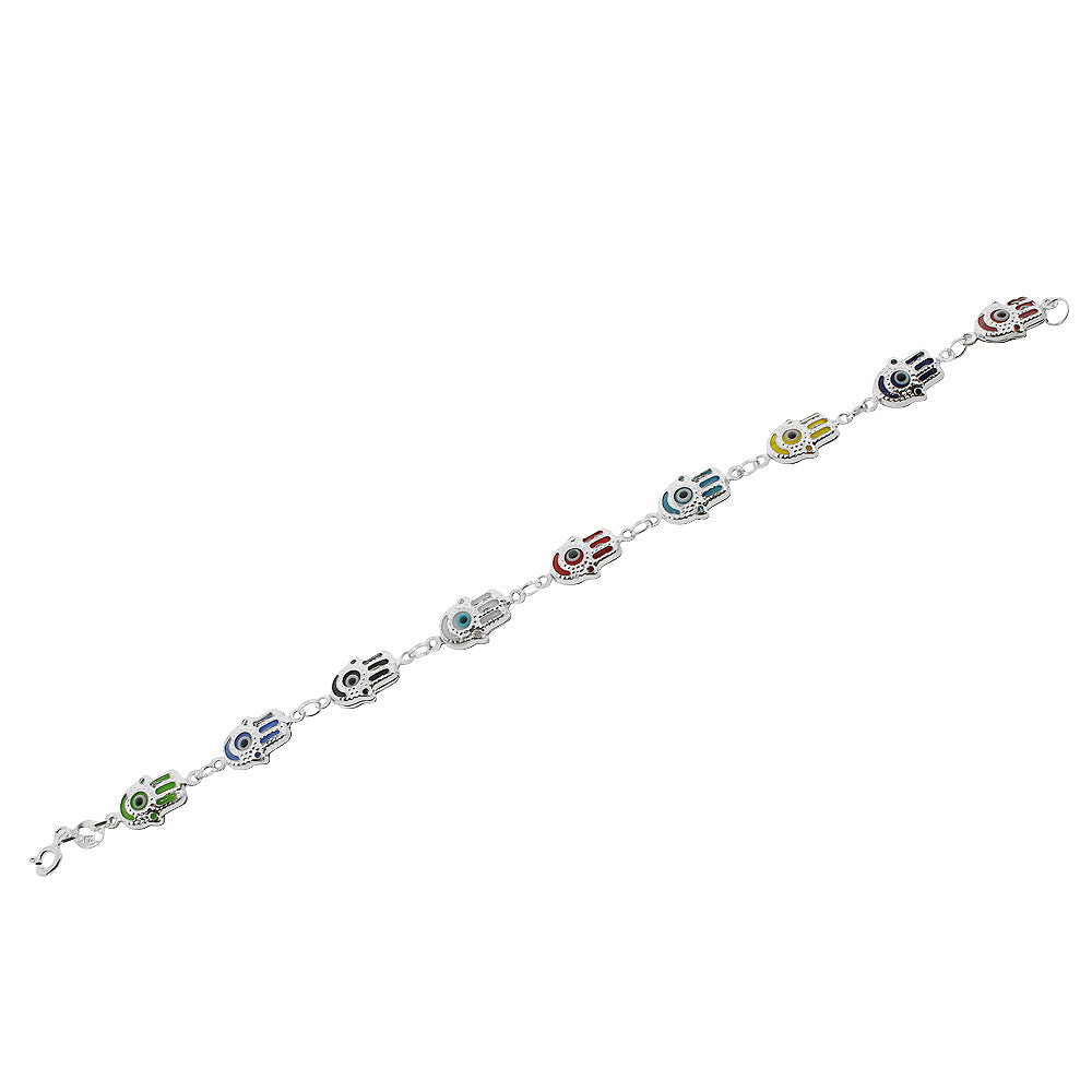 925 Sterling Silver Multicolor Hamsa Hand Good Luck Link Chain Bracelet
