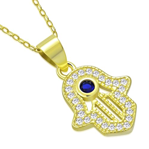 My Daily Styles 925 Sterling Silver CZ Small Hamsa Pendant Necklace with Blue CZ Accent - Adjustable Chain 16"-18"