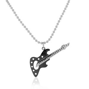 Stainless Steel Black Silver-Tone Large Guitar Pendant Necklace