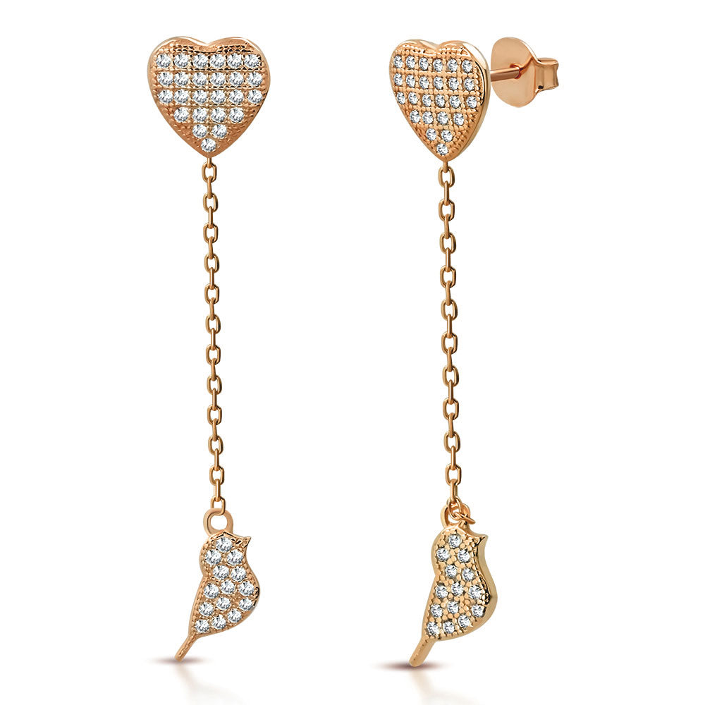 925 Sterling Silver White Clear CZ Love Heart Bird Lovebird Dangle Drop Earrings, 1.85"