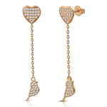 925 Sterling Silver White Clear CZ Love Heart Bird Lovebird Dangle Drop Earrings, 1.85"