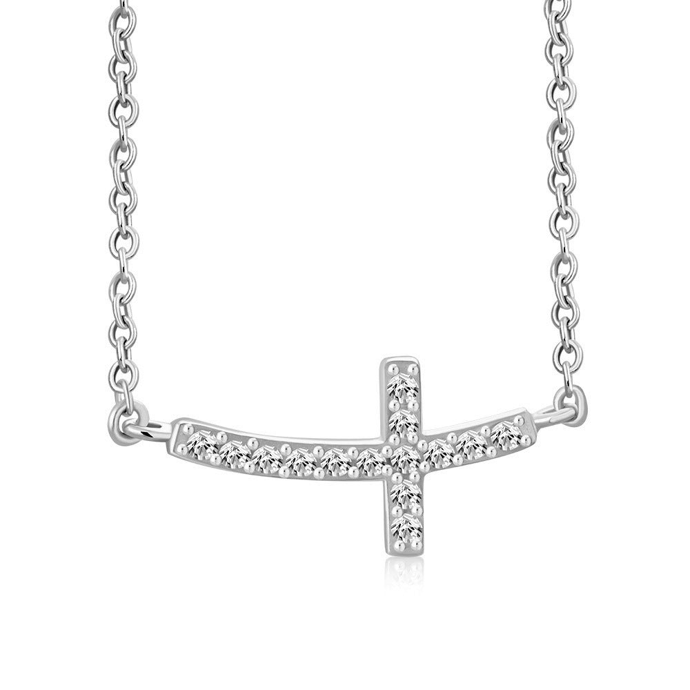 Curved Sideways Cross Necklace Sterling Silver Cubic Zirconia