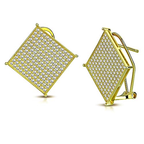 925 Sterling Silver Yellow Gold-Tone Diamond-Shape CZ Large Statement Stud Earrings