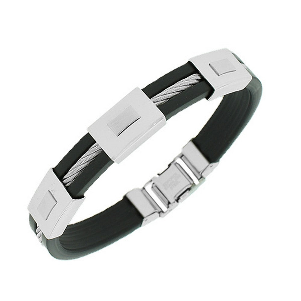 Stainless Steel Black Rubber Silicone Silver-Tone Twisted Cable Men's Bracelet
