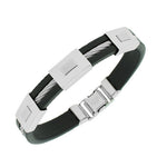 Stainless Steel Black Rubber Silicone Silver-Tone Twisted Cable Men's Bracelet