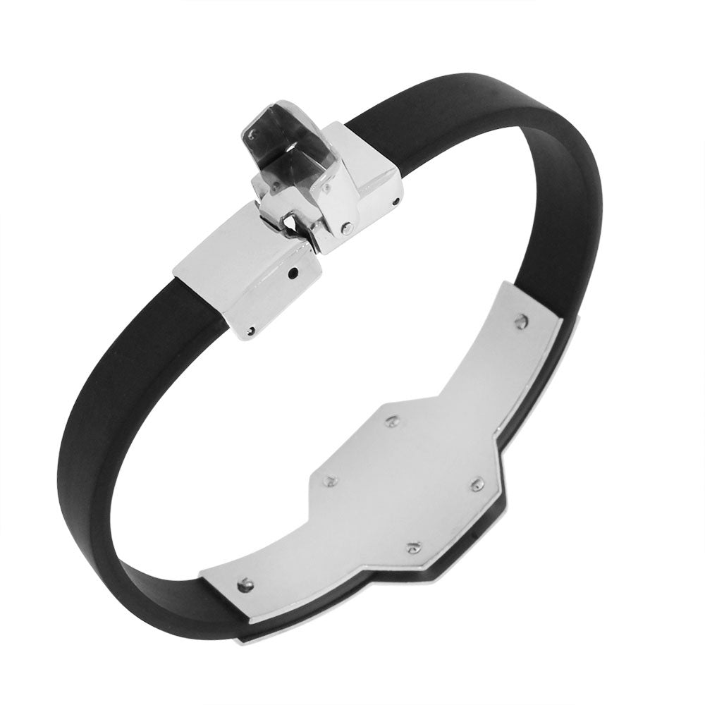 Stainless Steel Black Rubber Silicone White CZ Men's Bracelet
