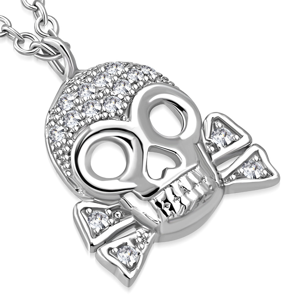 925 Sterling Silver Crossbones Skull White Clear CZ Pendant Necklace