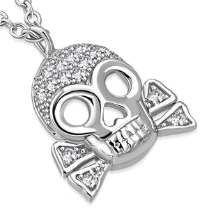 925 Sterling Silver Crossbones Skull White Clear CZ Pendant Necklace