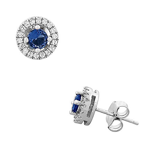 925 Sterling Silver Round Royal Blue White CZ Stud Earrings