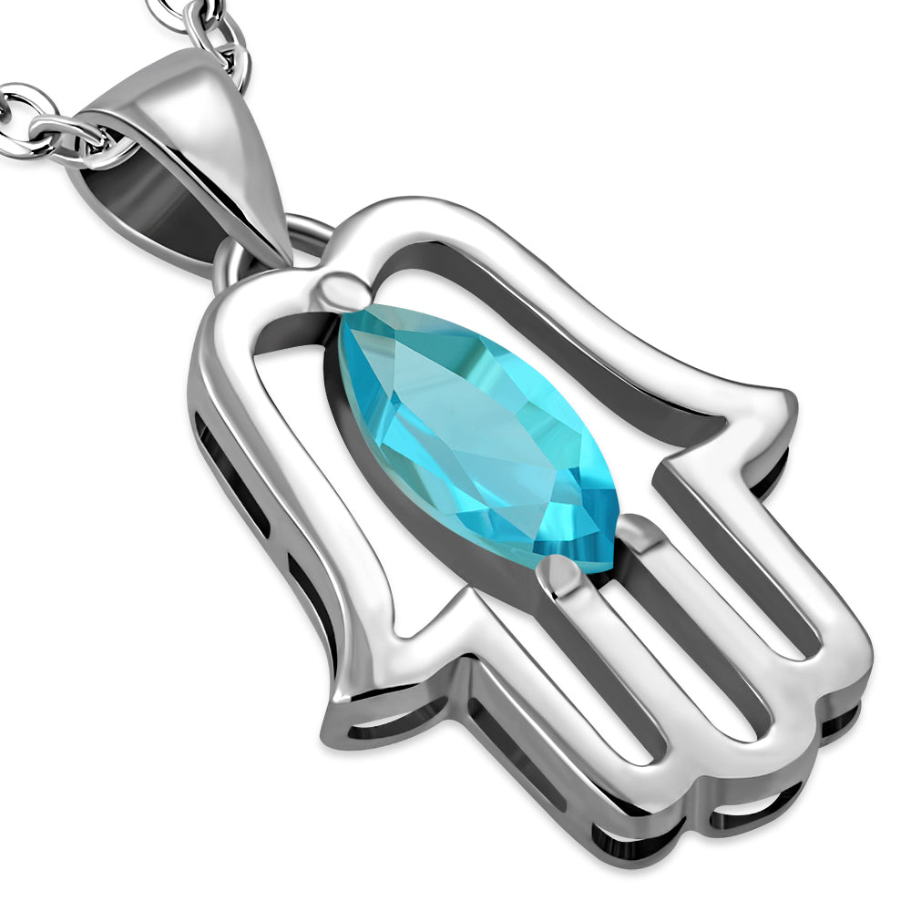 Pear Stone Hamsa Necklace Pendant Sterling Silver Cubic Zirconia