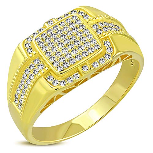My Daily Styles 925 Sterling Silver Men's Yellow Gold-Tone Micro Pave White CZ Stone Signet Style Ring with Band Detail