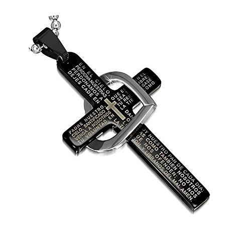 Stainless Steel Black Cross Love Heart Lord's Prayer Pardre Nuestro Spanish Pendant Necklace
