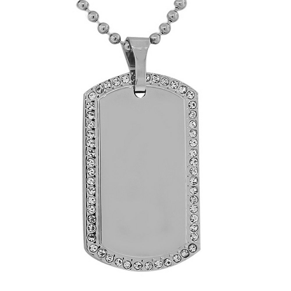 Stainless Steel Silver-Tone White CZ Dog Tag Necklace