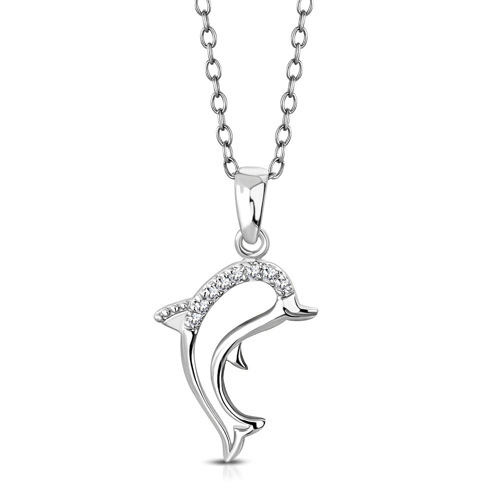 925 Sterling Silver White Clear CZ Dolphin Pendant Necklace