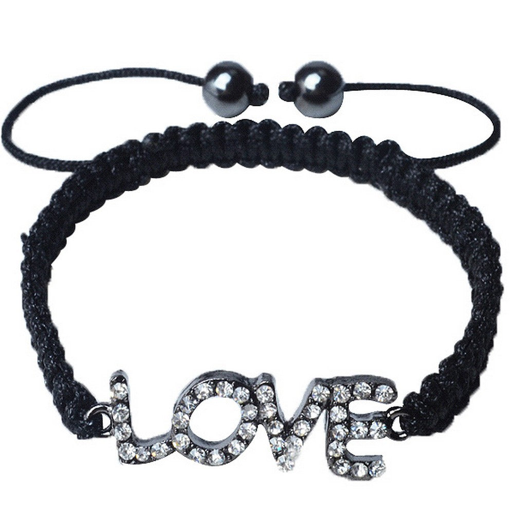 White CZ Adjustable Beaded Love Black Charm Bracelet