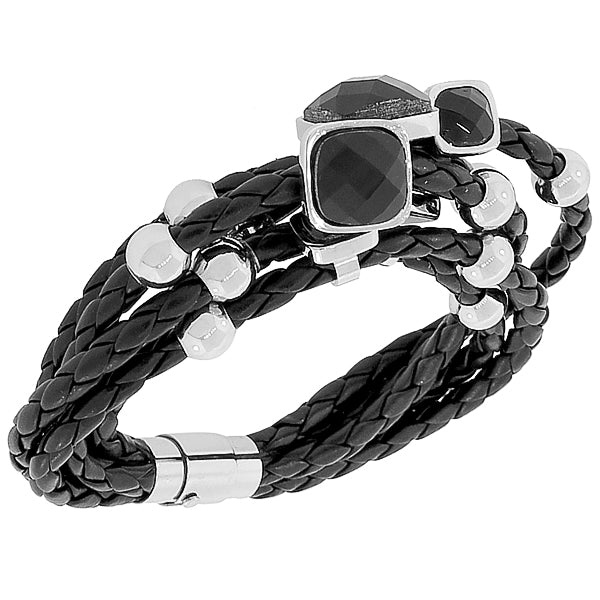 Fashion Alloy Black Faux PU Leather Silver-Tone Multi-Row Layer Bracelet